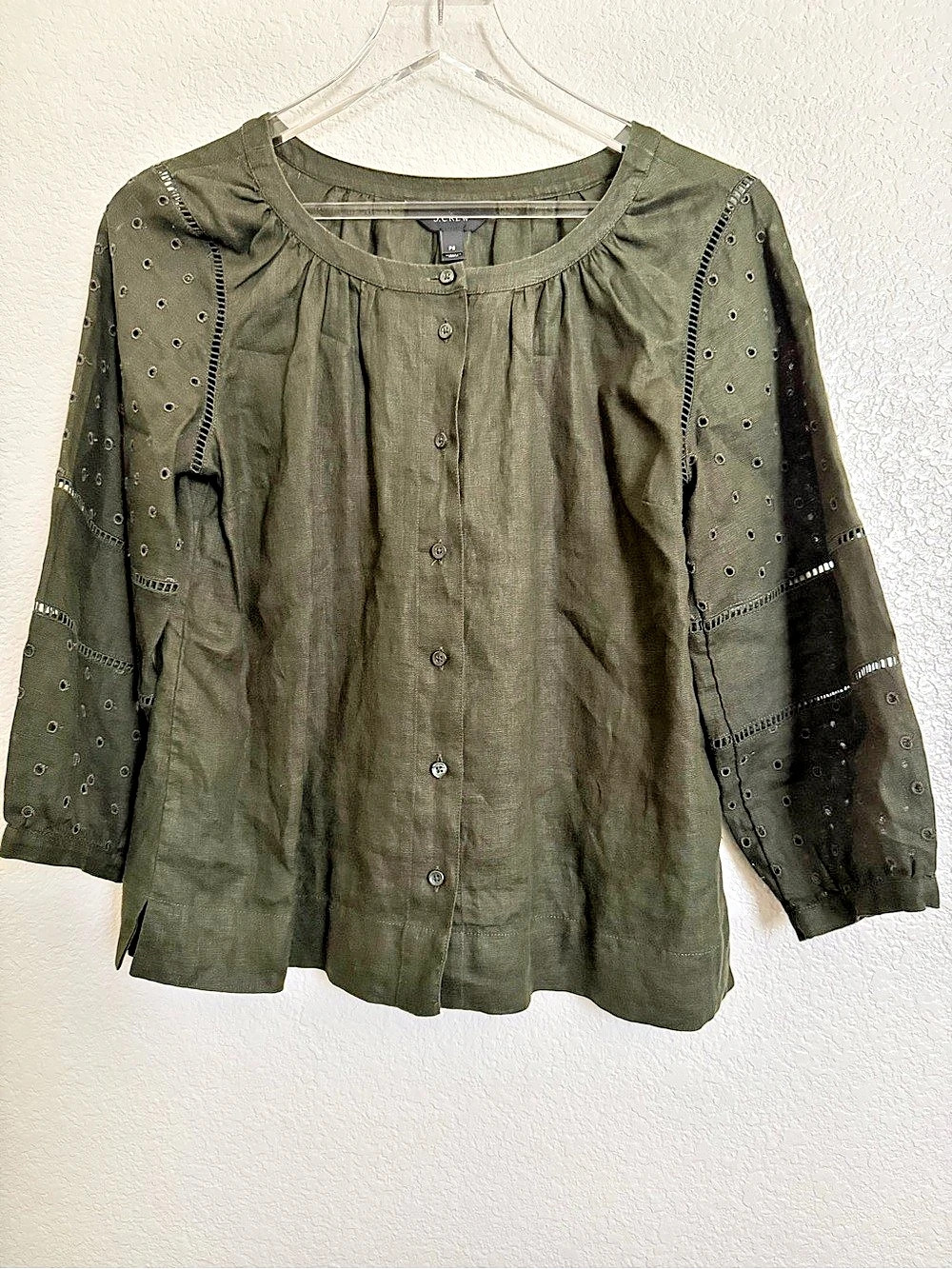 J.Crew Linen Eyelet-Sleeve Button-Front Top Green Size Small